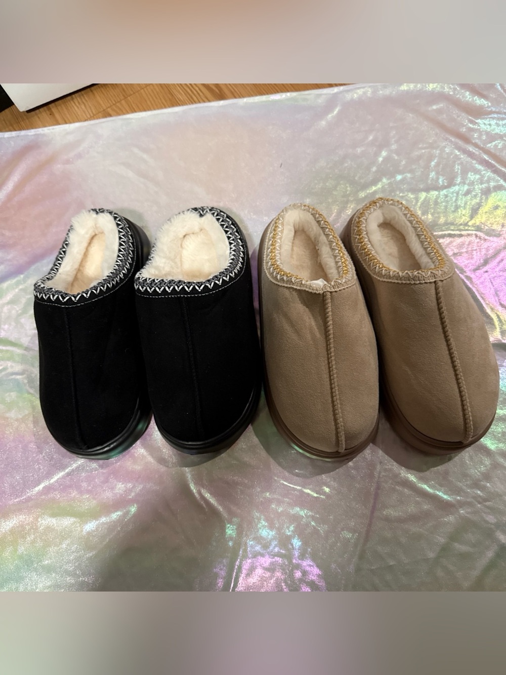 Shein Black Embroidered Trim Faux Fur Lined Casual Slipper Mules Women's NEW